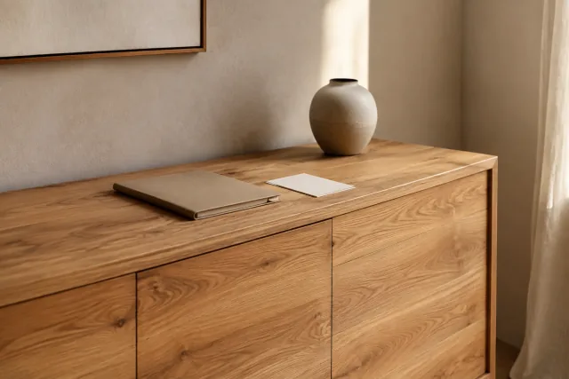 Un mobile contenitore in legno con una cartellina e fogli privi di testo leggibile.
