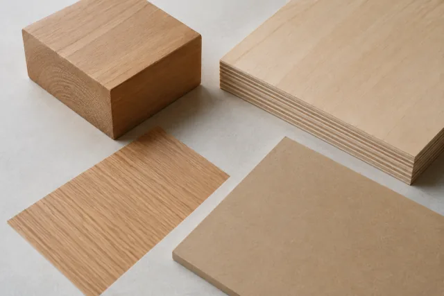 Quattro campioni separati mostrano legno, strati, impiallacciatura e superficie di un pannello.