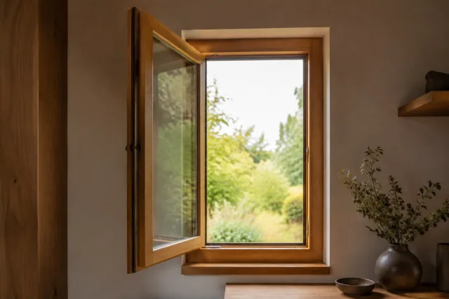 Una finestra in legno aperta verso l’interno mostra telaio, anta e maniglia.