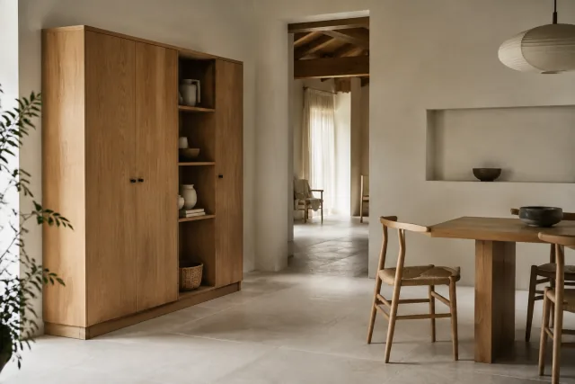 Un interno luminoso con tavolo e contenitore in legno, pareti chiare e passaggio libero.