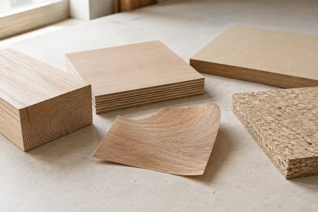 Campioni di legno, pannelli e impiallacciatura mostrano superfici e bordi distinti.