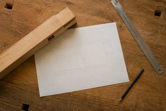 Un componente in legno, strumenti di misura e un disegno senza quote leggibili su un banco.
