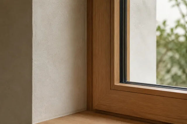 Telaio di una finestra in legno accostato a una parete chiara, con vetro e raccordo visibili.